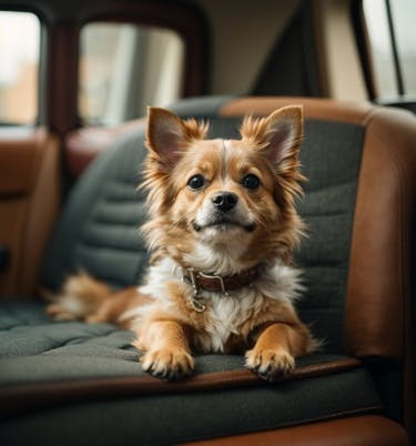 Um cãozinho sentado no banco traseiro de um veículo