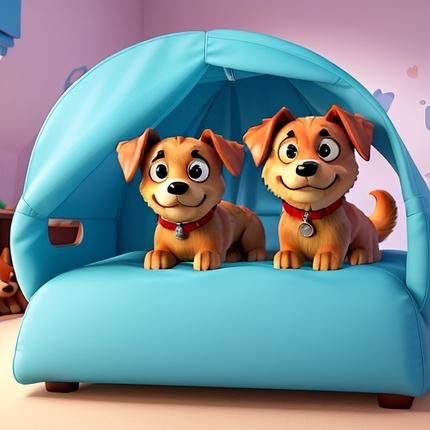 Cachorros felizes dentro de uma cama com cobertura