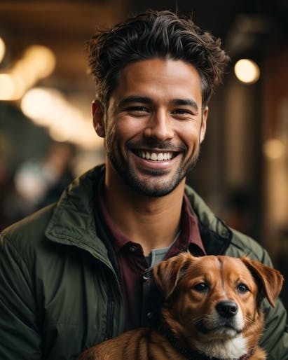 Um homem sorrindo e segurando um cãozinho